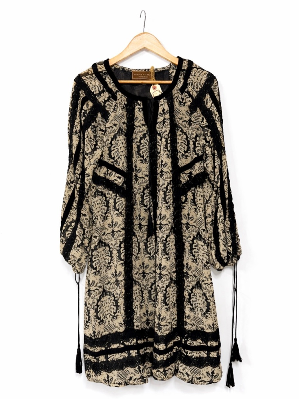 New - Double D Ranch Boho Western Dress in Black & Cream with Lace Tassel Tie - Picture 1 of 10